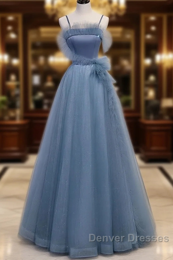 Gray Blue Tulle Long Prom Dress A Line Evening Dress Formal Dress December Wedding Guest Dress