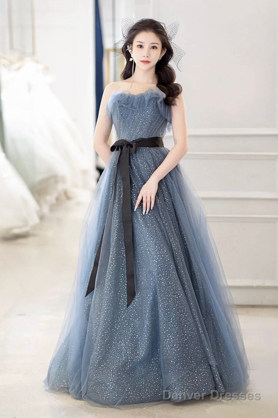 Gray Blue Tulle Long Prom Dress, Beautiful A-Line Strapless Evening Dress Main image