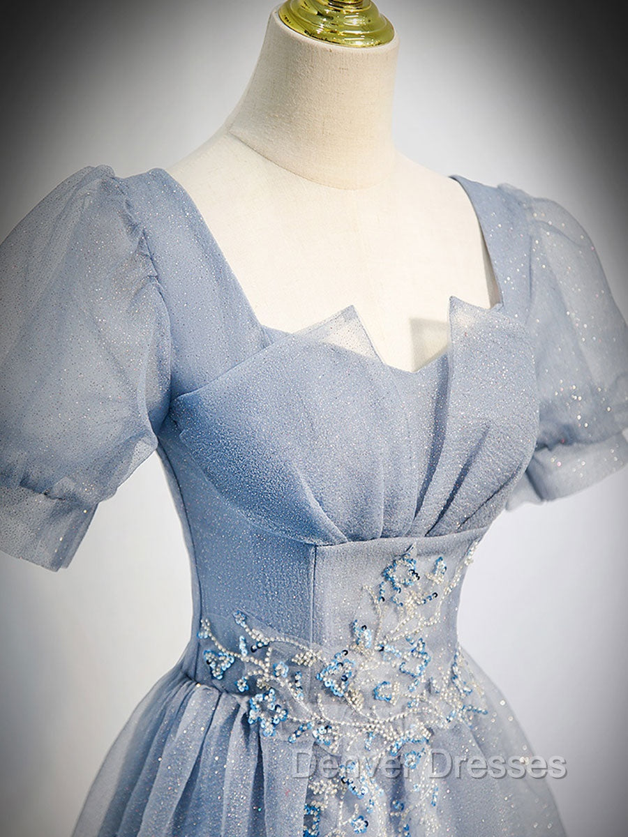 Gray Blue Tulle Long Prom Dress, Gray Blue Tulle Formal Evening Dress