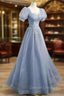 Gray Blue Tulle Long Prom Dress, Gray Blue Tulle Formal Evening Dress