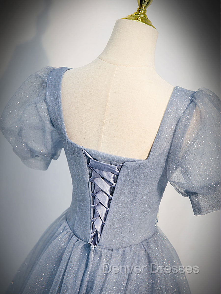 Gray Blue Tulle Long Prom Dress, Gray Blue Tulle Formal Evening Dress