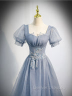 Gray Blue Tulle Long Prom Dress, Gray Blue Tulle Formal Evening Dress