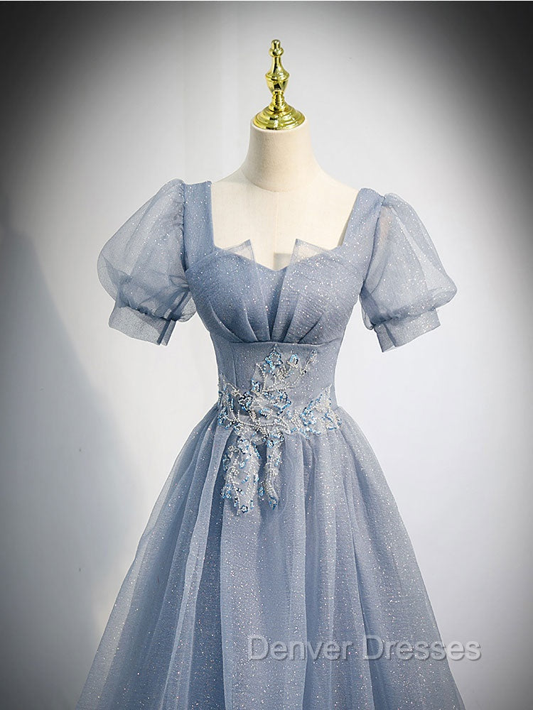 Gray Blue Tulle Long Prom Dress, Gray Blue Tulle Formal Evening Dress
