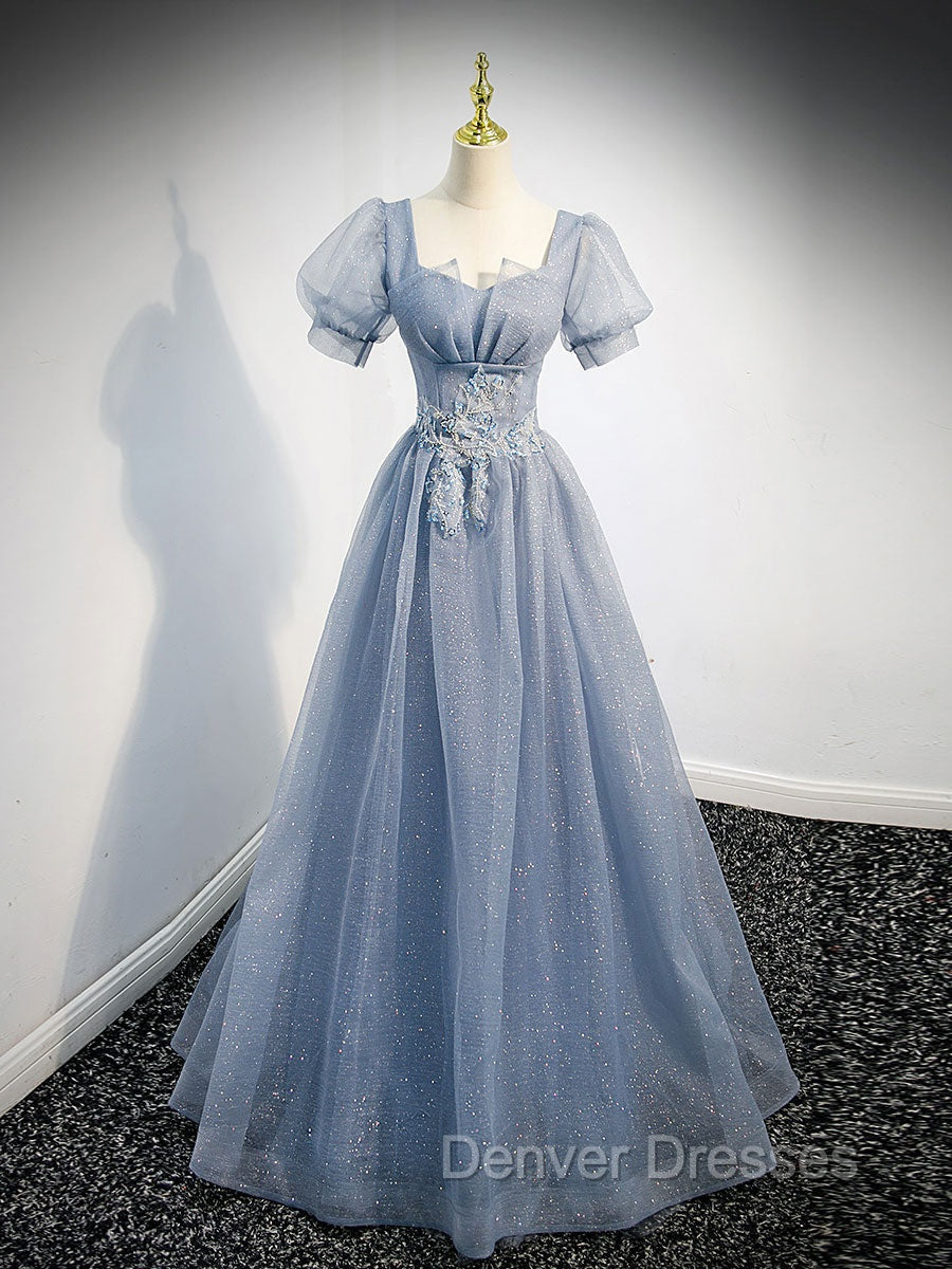 Gray Blue Tulle Long Prom Dress, Gray Blue Tulle Formal Evening Dress Main image