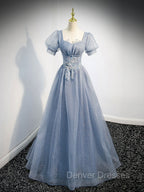 Gray Blue Tulle Long Prom Dress, Gray Blue Tulle Formal Evening Dress