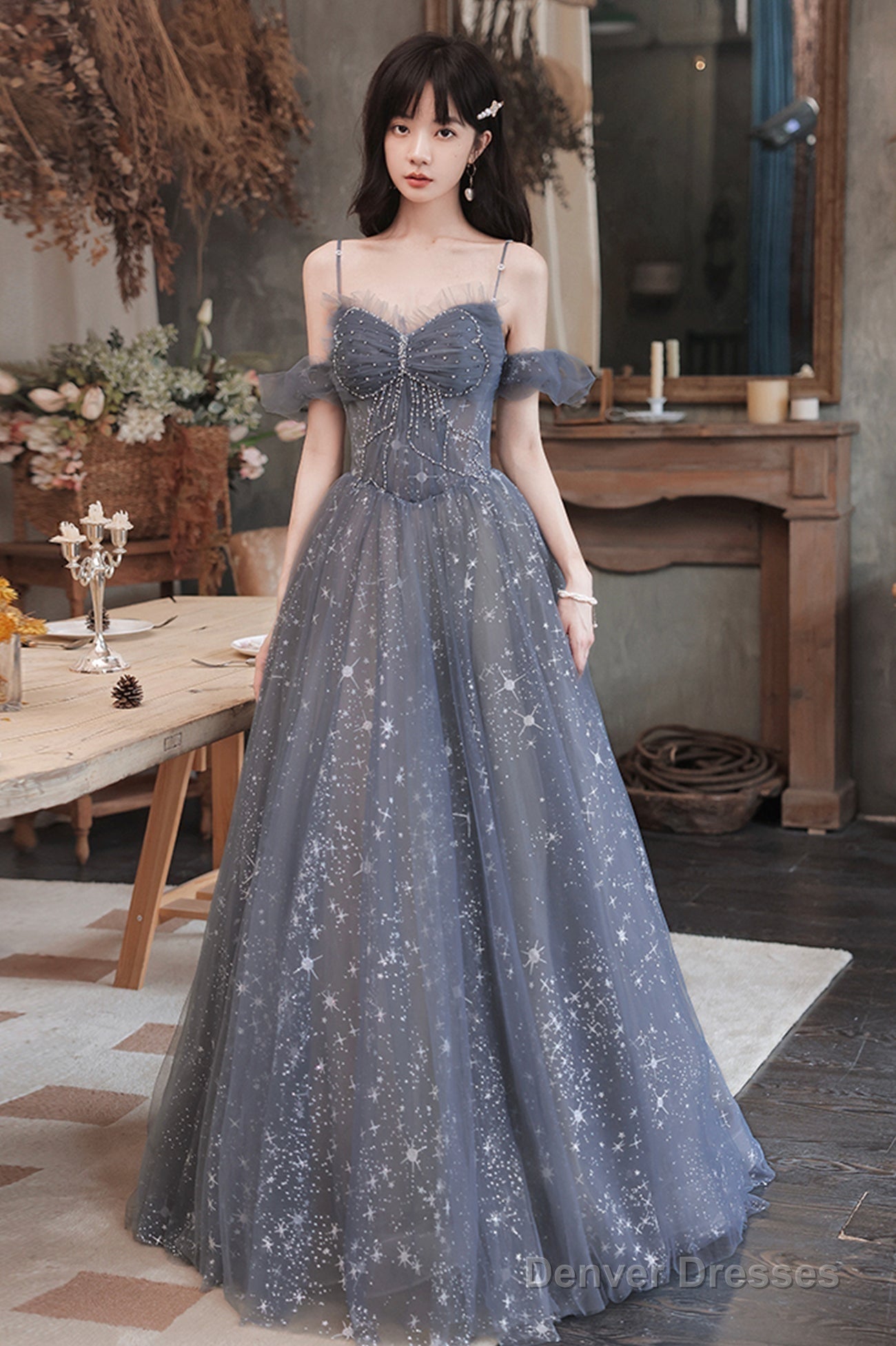 Gray Blue Tulle Long Prom Dresses, A-Line Spaghetti Straps Evening Dresses Secondary image