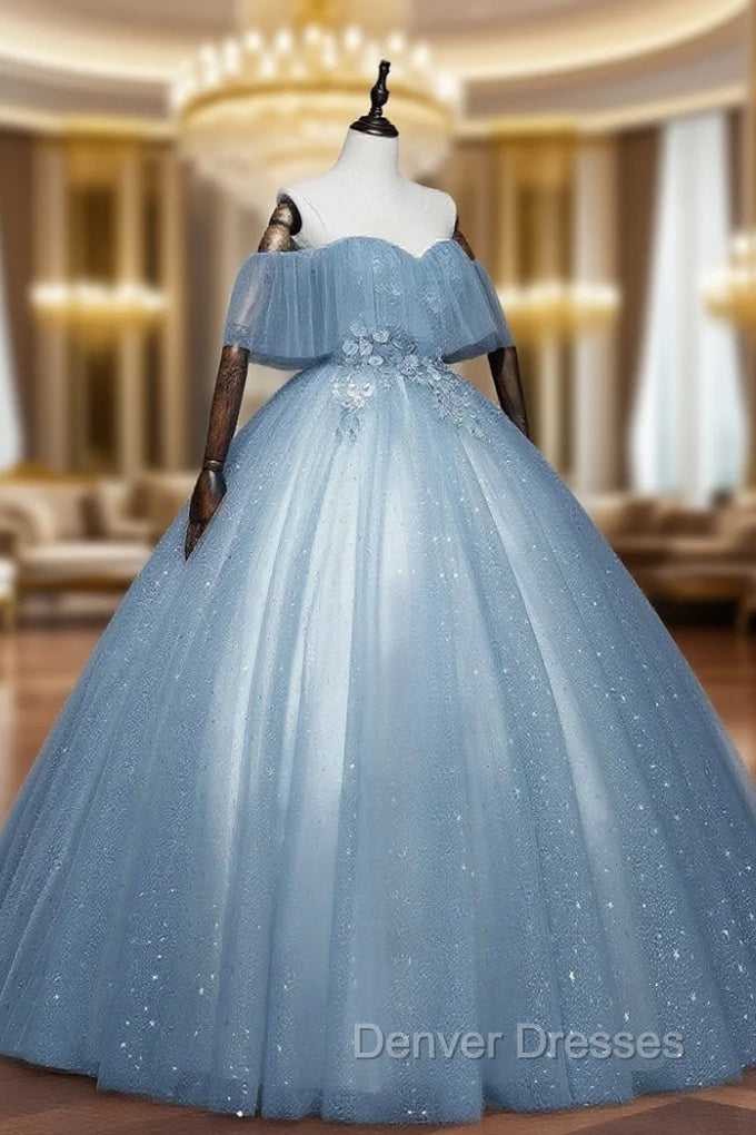 Gray Blue Tulle Off Shoulder Long Prom Dress, Blue Tulle Formal Dress Main image