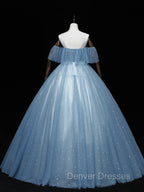 Gray Blue Tulle Off Shoulder Long Prom Dress, Blue Tulle Formal Dress