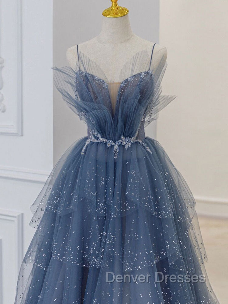 Gray Blue Tulle Sequin Beads Long Prom Dress, Blue Evening Dress Secondary image