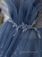 Gray Blue Tulle Sequin Beads Long Prom Dress, Blue Evening Dress