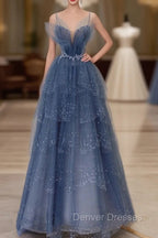 Gray Blue Tulle Sequin Beads Long Prom Dress, Blue Evening Dress