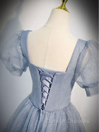 Gray Blue Tulle Sequin Long Prom Dress, Gray Blue Evening Dress
