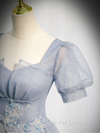 Gray Blue Tulle Sequin Long Prom Dress, Gray Blue Evening Dress