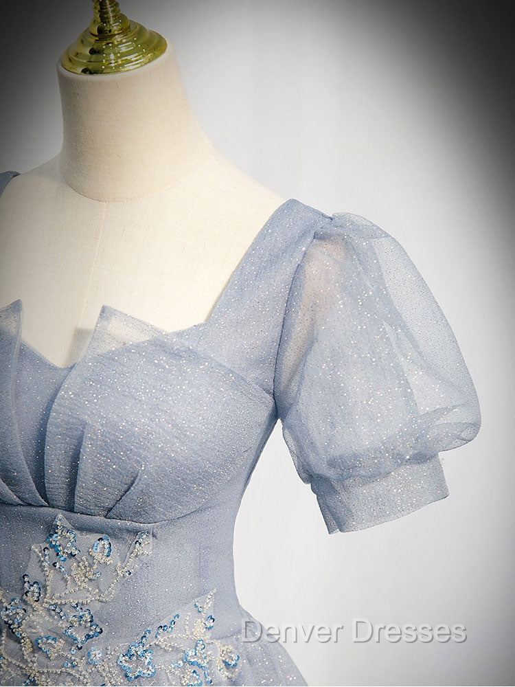 Gray Blue Tulle Sequin Long Prom Dress, Gray Blue Evening Dress
