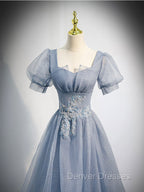 Gray Blue Tulle Sequin Long Prom Dress, Gray Blue Evening Dress