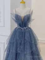 Gray Blue Tulle Sequin Long Prom Dress, Gray Blue Tulle Formal Dress
