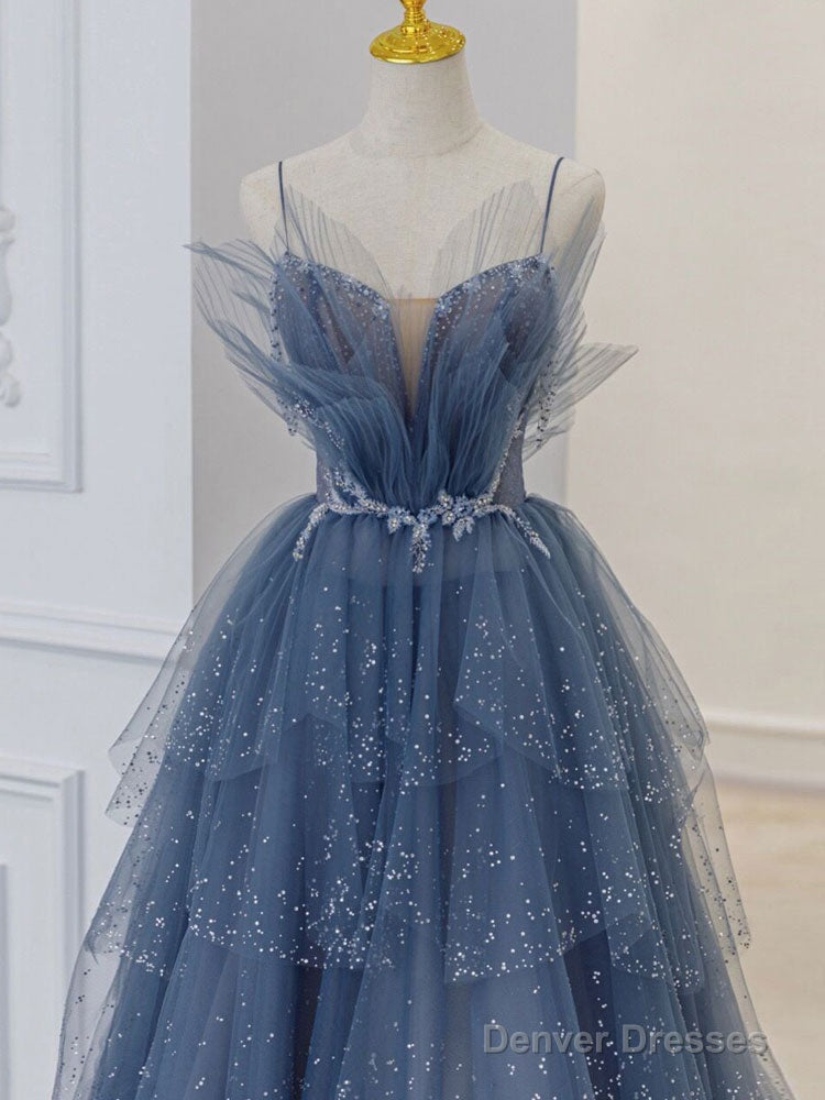Gray Blue Tulle Sequin Long Prom Dress, Gray Blue Tulle Formal Dress