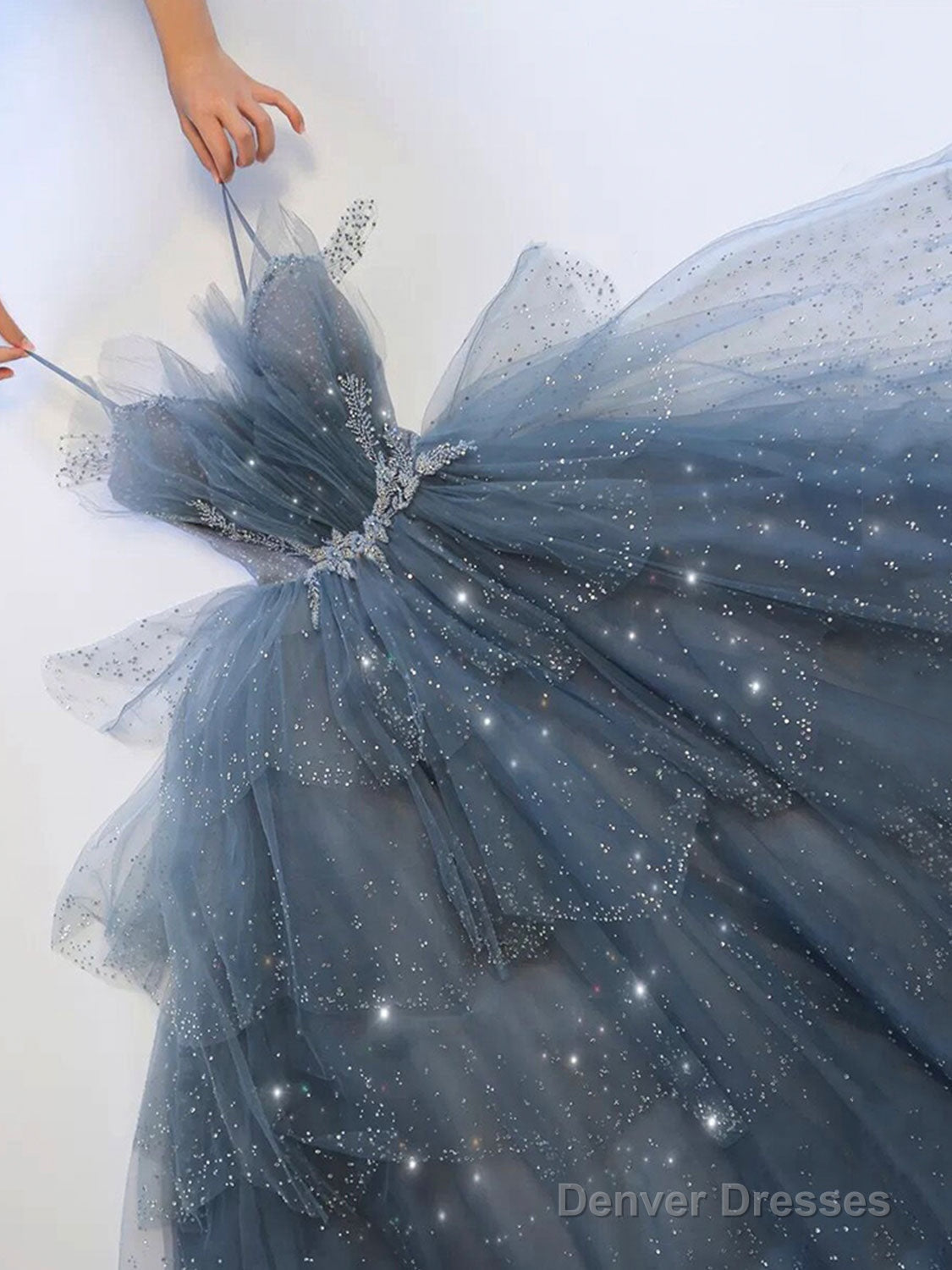 Gray Blue Tulle Sequin Long Prom Dress, Gray Blue Tulle Formal Dress Main image