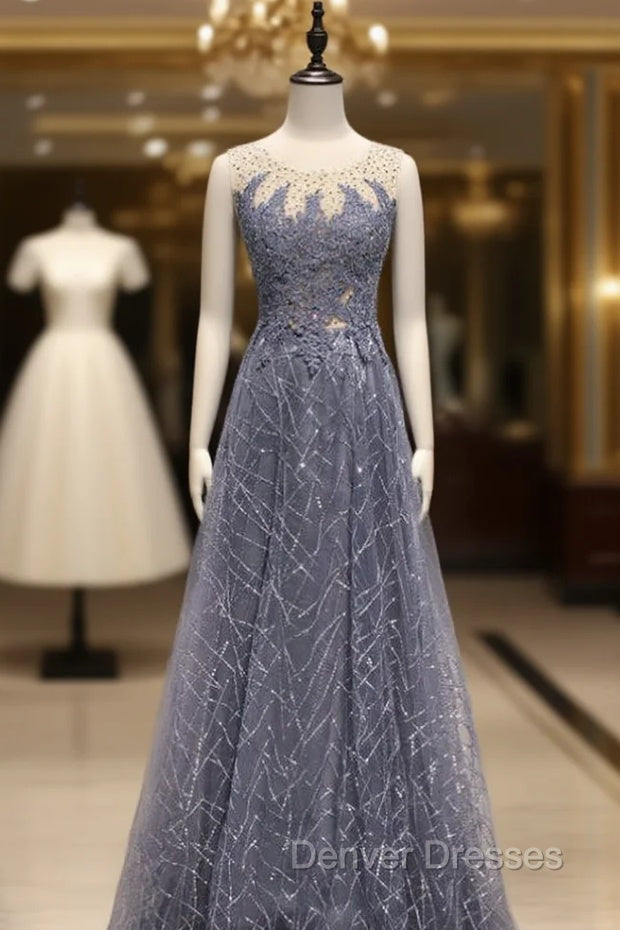 Gray Blue Tulle Sequins Appliques Beading Prom Dress