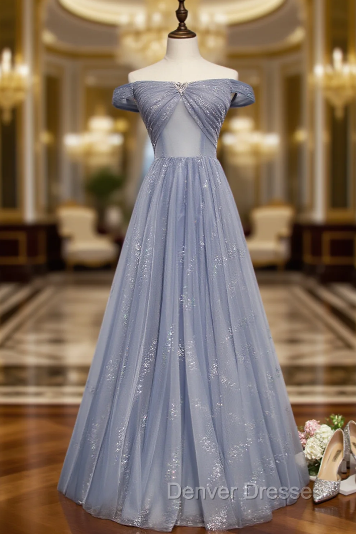 Gray Blue Tulle Sequins Off the Shoulder Beading Crystal Prom Dress Main image