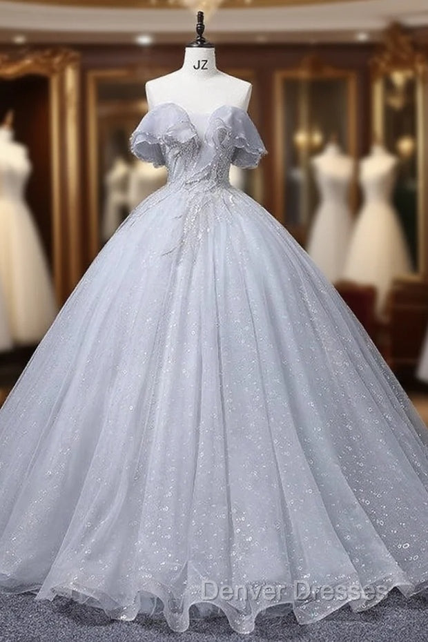 Gray Blue Tulle Sequins Off the Shoulder Beading Quinceanera Dress Main image