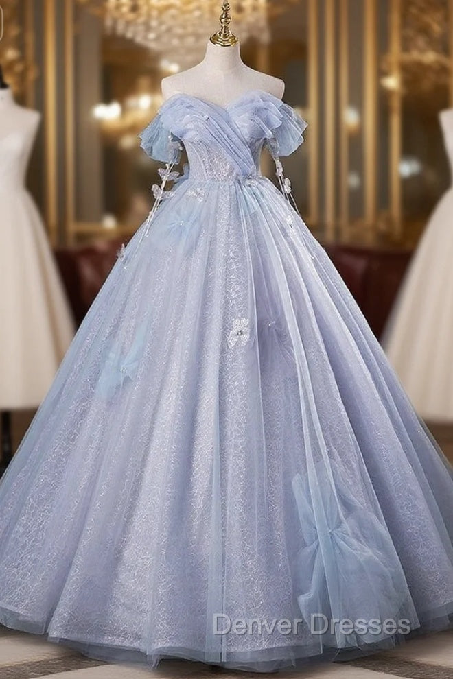 Gray Blue Tulle Sequins Off the Shoulder Quinceanera Dress Main image