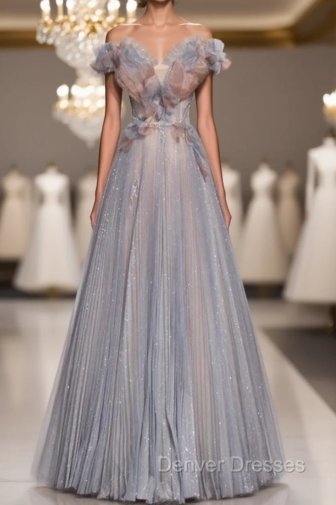 Gray Blue Tulle Sequins Pleats Beading Prom Dress