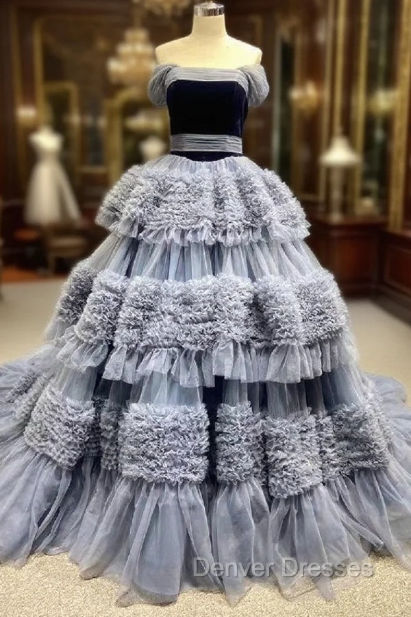 Gray Blue Tulle Straps Pleats Prom Dress Main image