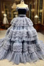 Gray Blue Tulle Straps Pleats Prom Dress