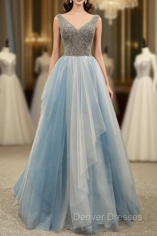 Gray Blue Tulle V-neck Backless Prom Dress With Beading Main image