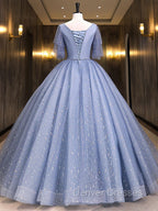 Gray Blue V Neck Tulle Long Prom Dress, Blue Long Sweet 16 Dress