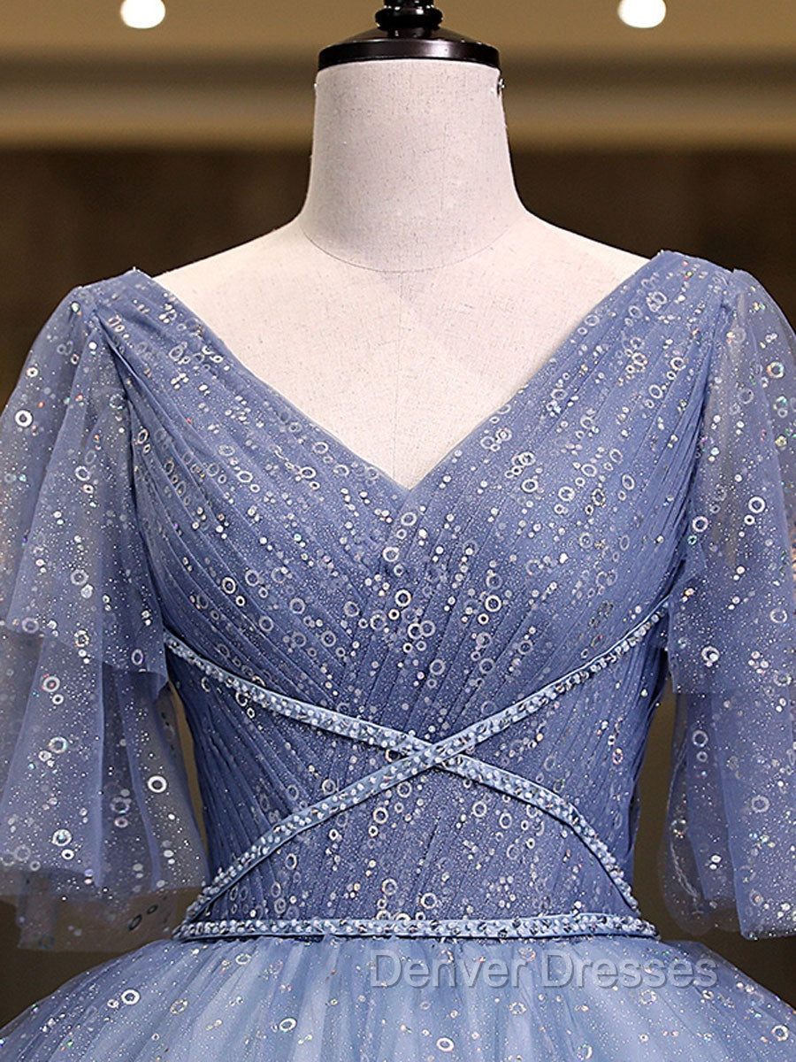 Gray Blue V Neck Tulle Long Prom Dress, Blue Long Sweet 16 Dress