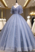 Gray Blue V Neck Tulle Long Prom Dress, Blue Long Sweet 16 Dress
