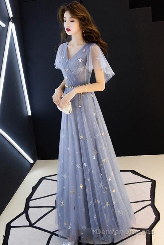 Gray Blue V Neck Tulle Long Prom Dress, Tulle Bridesmaid Dress