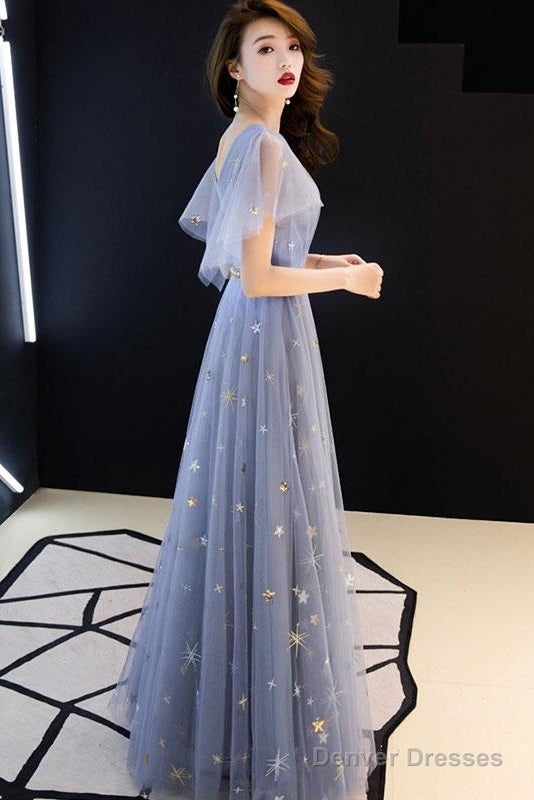 Gray Blue V Neck Tulle Long Prom Dress, Tulle Bridesmaid Dress