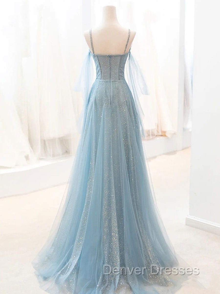 Gray Blue V Neck Tulle Sequin Long Prom Dress, Blue Evening Dress Secondary image