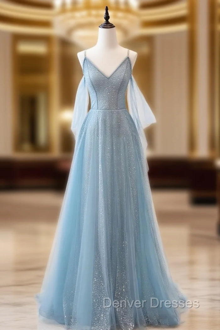 Gray Blue V Neck Tulle Sequin Long Prom Dress, Blue Evening Dress Main image