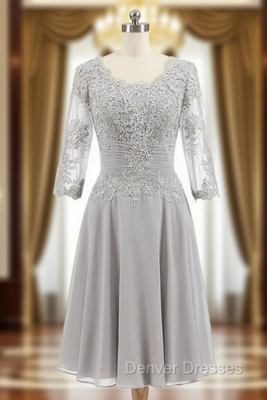 Gray Chiffon Appliques 3/4 Sleeve Knee Length Mother of The Bride Dress Main image