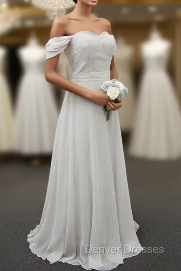 Gray Chiffon Off the Shoulder Bridesmaid Dress