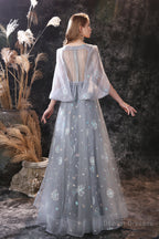 Gray Dandelion Lace V-neck Beading Back Prom Dresses