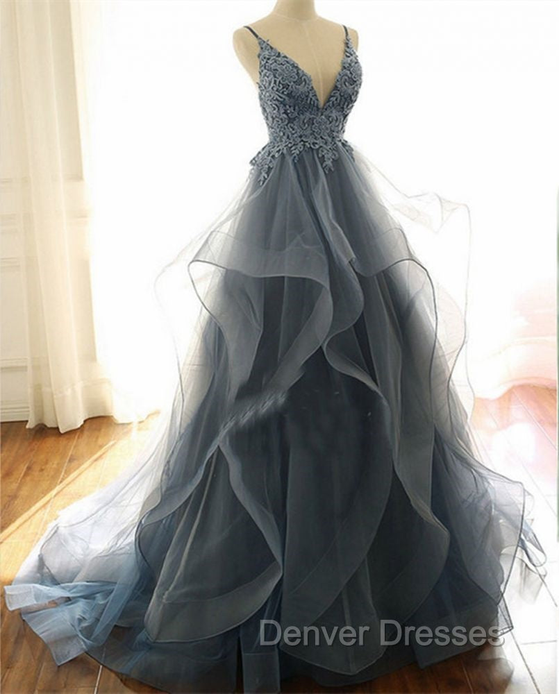 Gray Evening Dress Tulle V-neck Ruffles Long Spaghetti Lace Beading Prom Party Gowns Secondary image