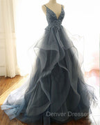 Gray Evening Dress Tulle V-neck Ruffles Long Spaghetti Lace Beading Prom Party Gowns