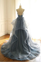 Gray Evening Dress Tulle V-neck Ruffles Long Spaghetti Lace Beading Prom Party Gowns