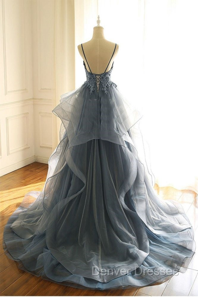 Gray Evening Dress Tulle V-neck Ruffles Long Spaghetti Lace Beading Prom Party Gowns