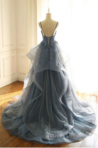 Gray Evening Dress Tulle V-neck Ruffles Long Spaghetti Lace Beading Prom Party Gowns