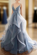 Gray Evening Dress Tulle V-neck Ruffles Long Spaghetti Lace Beading Prom Party Gowns