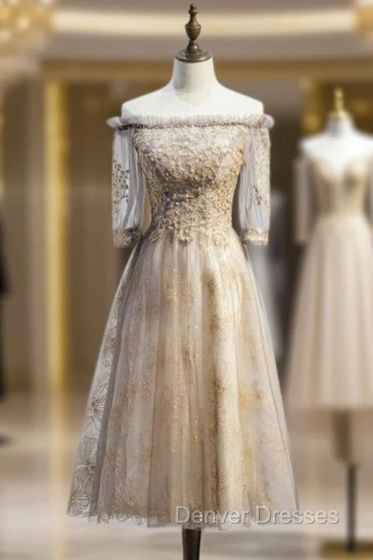 Gray Gold Tulle Short Sleeve Off the Shoulder Prom Dress