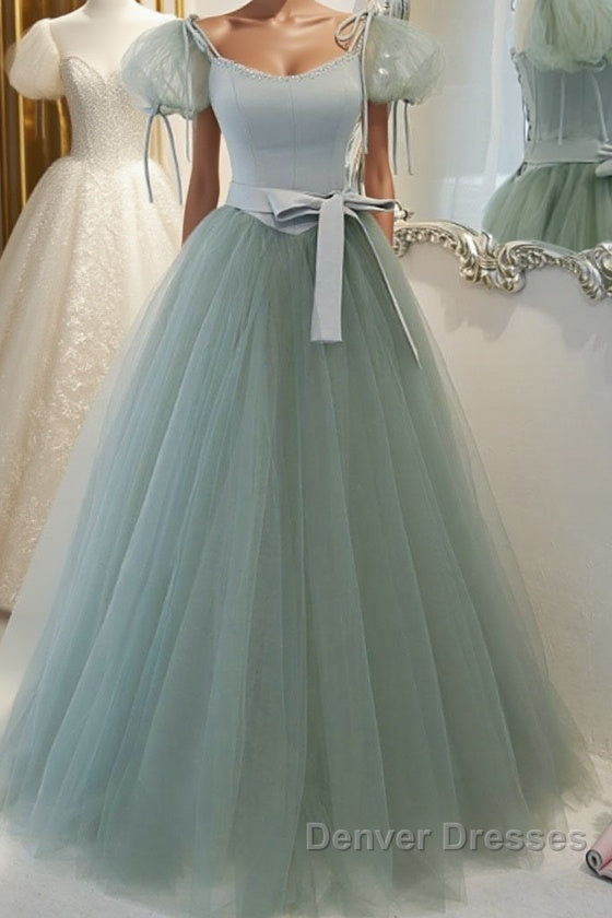 Gray Green A-Line Tulle Long Prom Dress, Gray Green Formal Dress Main image