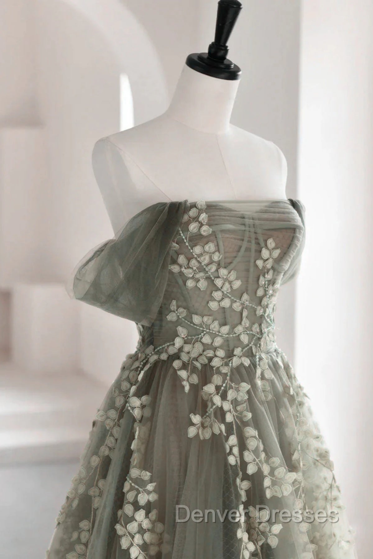 Gray Green Off The Shoulder Tulle Prom Dress With Appliques Secondary image
