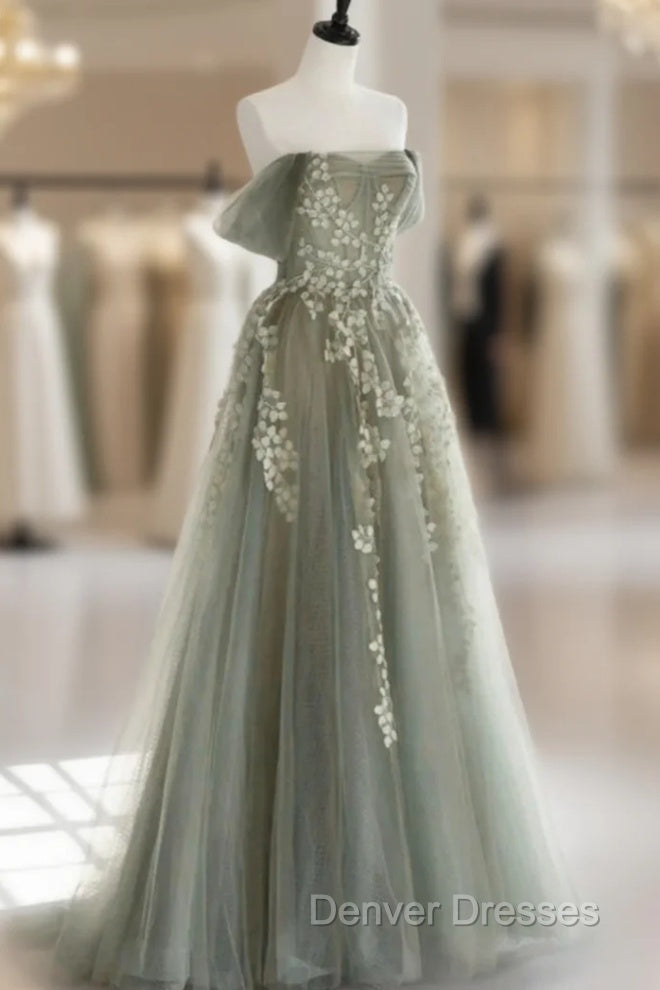 Gray Green Off The Shoulder Tulle Prom Dress With Appliques Main image